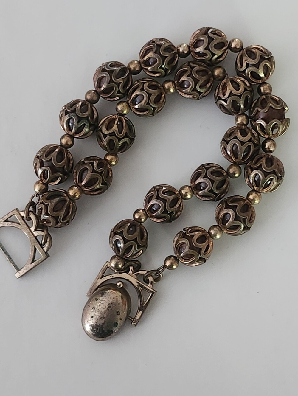 Unique Antique Style Brass Tone Ornate Filigree Beaded Bracelet